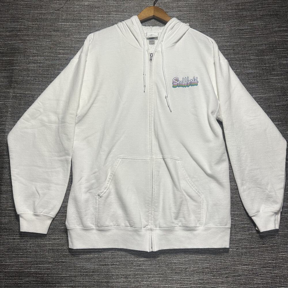 Sea World Hoodie Adult L White Full Zip Long Sleeve Happiness Comes in Waves